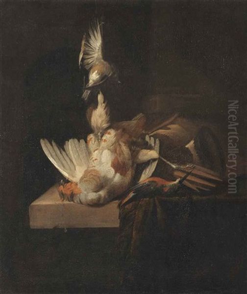 A Finch Suspended From A Rope, A Partridge And A Kingfisher On A Partially Draped Stone Ledge - view 1