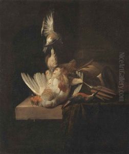 A Finch Suspended From A Rope, A Partridge And A Kingfisher On A Partially Draped Stone Ledge