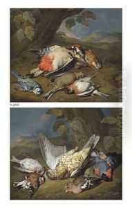 A Dead Ptarmigan, A Bullfinch, A Greenfinch And Other Birds, In A Wooded Clearing (+ A Dead Great Spotted Woodpecker, A Bluetit, A Bearded Tit And Other Birds, In A Wooded Clearing; 2 Works)