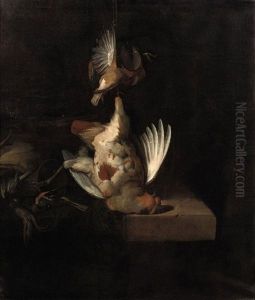 A Partridge And Other Birds Hanging Above A Draped Stone Ledge Along With Hunting Paraphernalia And Small Birds by William Gowe Ferguson