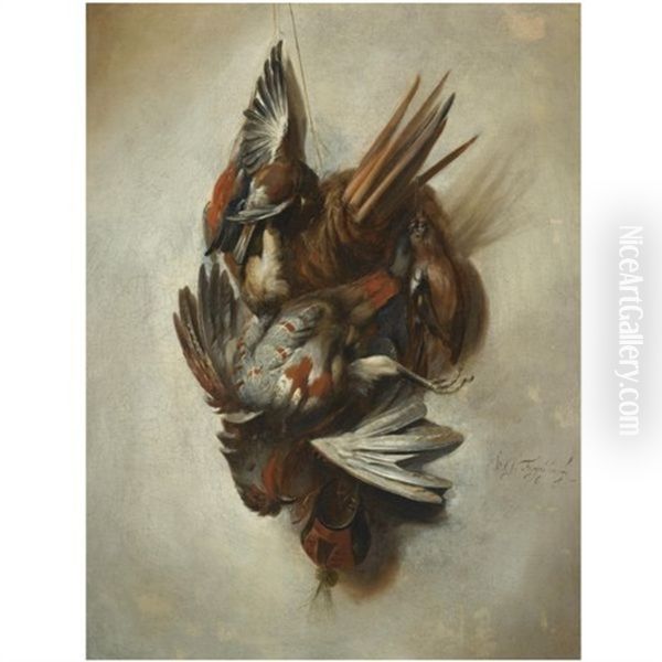 A Falconry Still Life With A Dead Partridge, Songbirds, And Hunting Attributes Hanging On A Rope - view 1