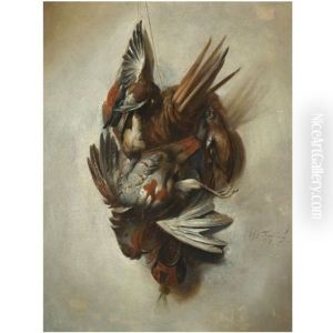A Falconry Still Life With A Dead Partridge, Songbirds, And Hunting Attributes Hanging On A Rope by William Gowe Ferguson