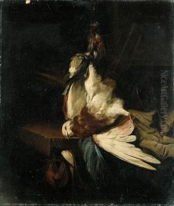 A Hanging Pigeon, A Finch And A Swallow