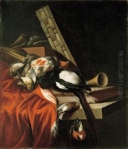 A Dead Game Still Life With A Trumpet And A Basket On A Stone Ledge by William Gowe Ferguson