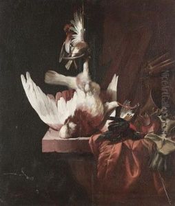Dead Finches, A Pigeon And A Kingfisher Hanging Above A Draped Stone Ledge Along With Falconry Paraphernalia