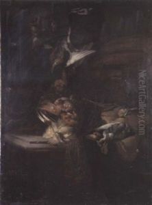 A Hanging Cockerel And Finches Beside A Pigeon And Other Finches On A Stone Ledge With A Column To The Right by William Gowe Ferguson