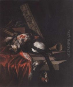 A Falconry Still Life With A Dead Partridge, Magpie And Song Birds On A Draped Ledge With A Basket, Horn And A Falcon Hood