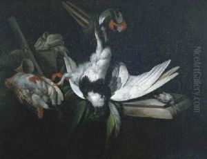A Hunting Still Life With A Pheasant Hanging From A Rope With A Pigeon, A Hunting Horn And Another Bird, On A Marble Ledge