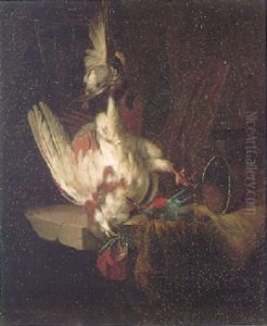A Still Life Of A Finch, A Partridge And Kingfisher Hanging Above A Stone Ledge