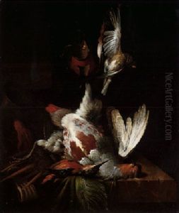 A Still Life Of A Grouse, A Kingfisher And Other Birds Upon A Stone Ledge