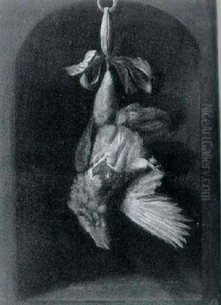 A Dead Partridge Hanging From A Blue Ribbon On A Ring At A Stone Niche - view 1