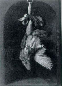 A Dead Partridge Hanging From A Blue Ribbon On A Ring At A Stone Niche