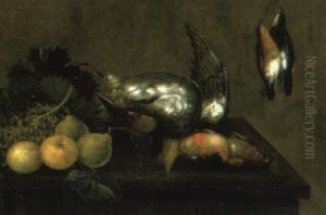 A Dead Partridge, Dead Finches, Apples Grapes And Pears On A Table