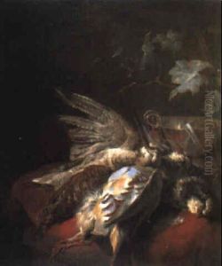 Partridge, Woodcock And A Grape Vine On Draped Table