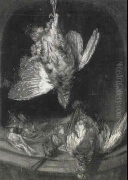 A Partridge Hanging From A Nail With Other Birds On A Ledge - view 1