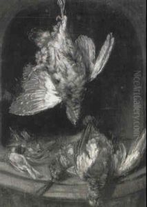 A Partridge Hanging From A Nail With Other Birds On A Ledge by William Gowe Ferguson