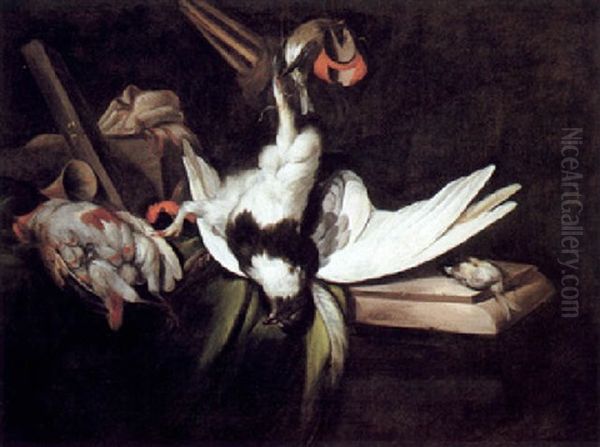 A Still Life Of Game On A Partly Draped Marble Ledge - view 1
