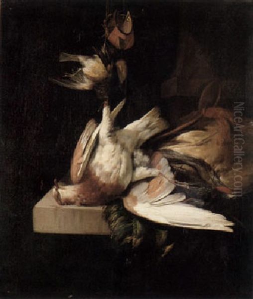 A Still Life Of A Pigeon And A Hawking Hood Hanging From A Nail, On A Stone Ledge Rests A Game Bag And A Kingfisher... - view 1