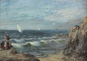 Coastal Scene With Sailboats And Figures by Federico Fernandez Y Gimenez