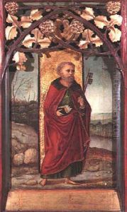 St. Peter Standing In A Landscape Before A Cloth Of Gold by Alejo Fernandez