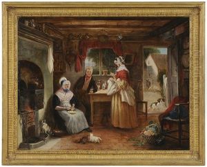 Domestic Scene, With Family And Animals In A Kitchen