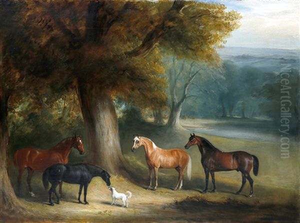 Four Horses And A Dog In A Wooded Landscape With A Herd Of Deer In The Distance - view 1