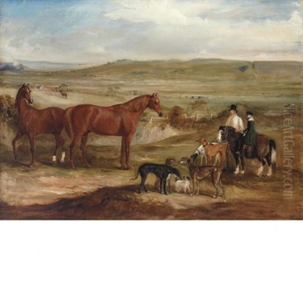 A Gentleman With His Son On His Favorite Pony Surrounded By Their Hounds And Hunters - view 1