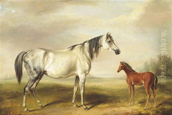 A Grey Mare And A Brown Foal In A Landscape - view 1