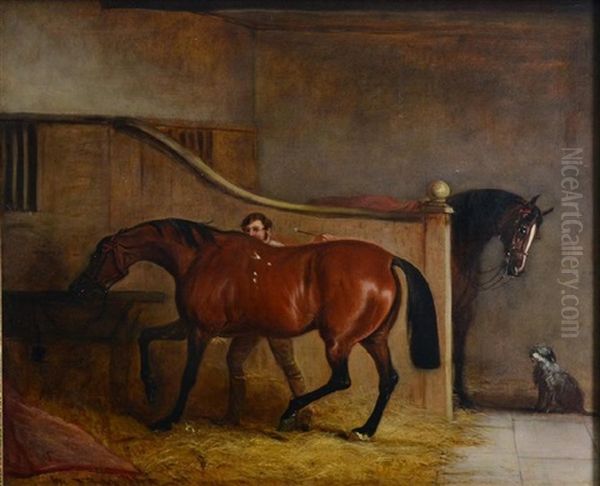 A Hunter And A Groom In A Stable, With A Second Hunter And A Dog - view 1