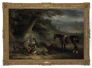 Charles Hibbert (1812-1888) Of Baldock, Hertfordshire With A Bay Hunter, Two Pointers And The Day's Bag On Letchworth Common by John Ferneley Jr.