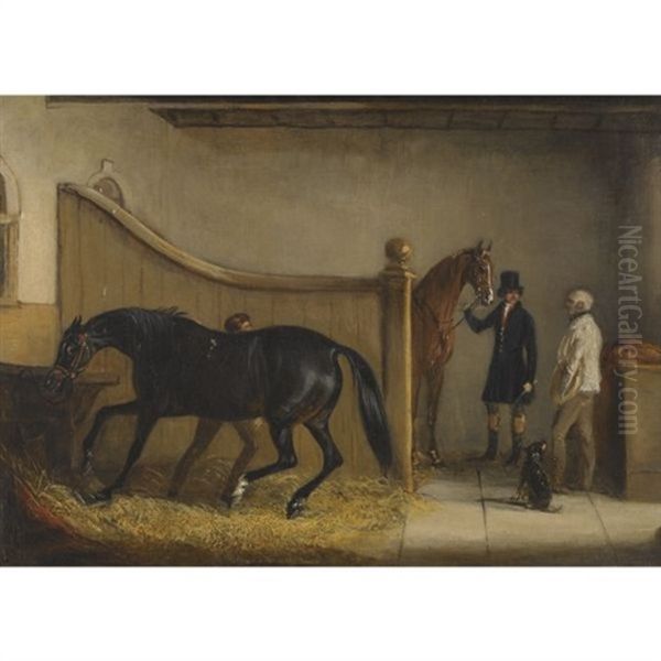 A Dark Bay And A Chestnut Hunter With A Huntsman And Other Figures In A Stable - view 1