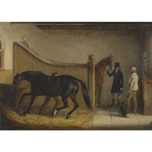 A Dark Bay And A Chestnut Hunter With A Huntsman And Other Figures In A Stable