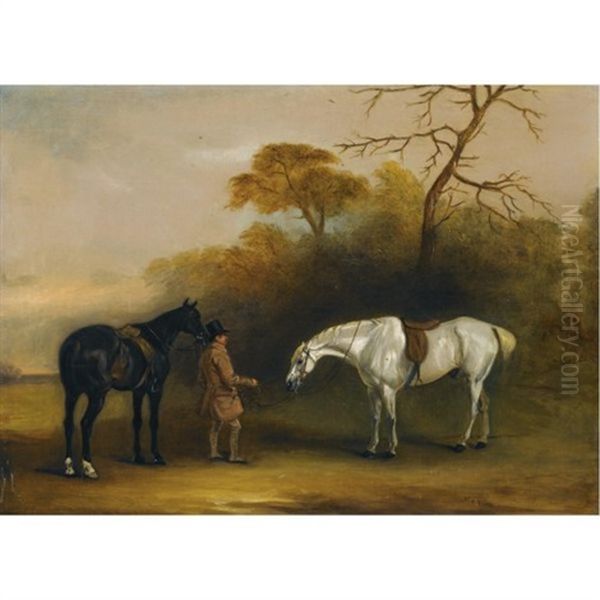 A Groom With A Dark Bay And Grey Hunter - view 1