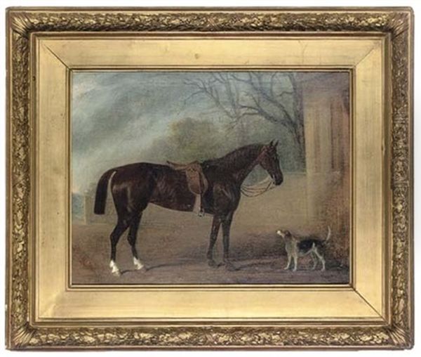 A Chestnut Hunter And Foxhound In A Courtyard - view 1