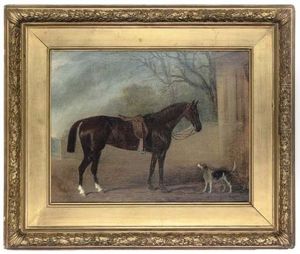 A Chestnut Hunter And Foxhound In A Courtyard