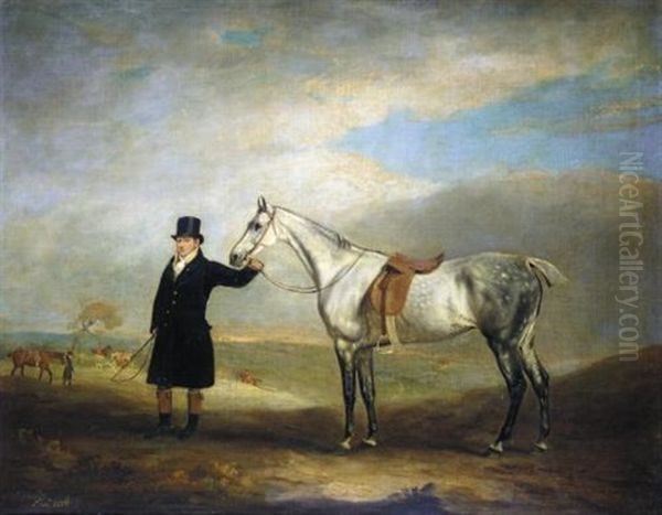 A Grey Mare Held By A Groom Wearing A Blue Coat, A Hunt Beyond - view 1