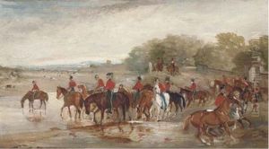 Officers Watering Their Horses At A River (+ A Saddled Hunter By A Country House; 2 Works) by John Ferneley Jr.