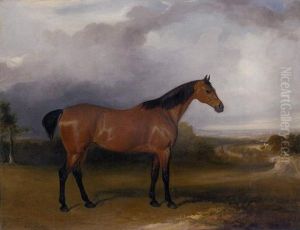 A Bay Hunter In A Landscape With Figures And Horses By A Path In The Distance And A Town Beyond