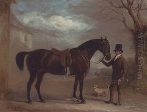 A Bay Hunter Held By A Groom, With A Dandie Dinmont, Outside A Stable, Huntsmen And Hounds Beyond by John Ferneley Jr.