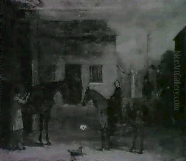 Figures And Horses In A Court-yard, A Town Beyond. - view 1