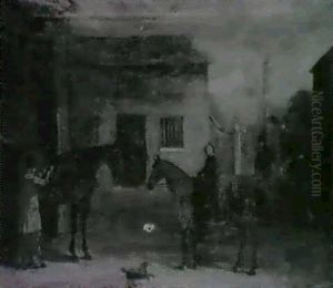 Figures And Horses In A Court-yard, A Town Beyond. by John Ferneley Jr.