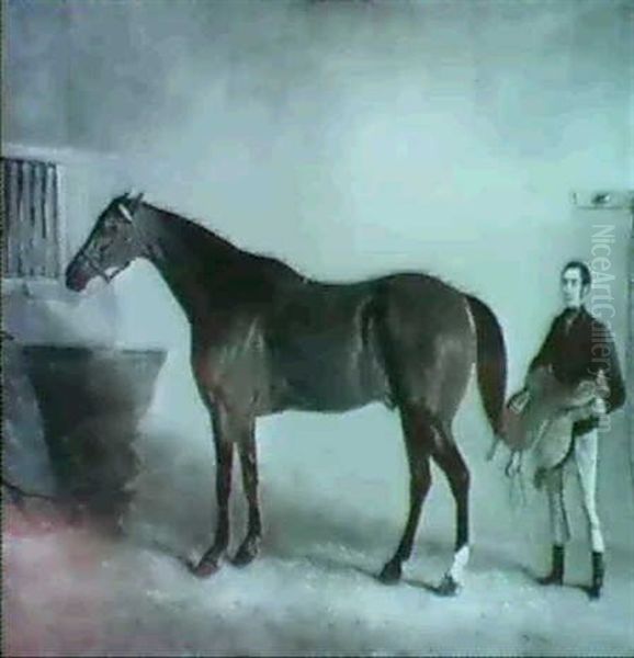 A Bay Racehorse With A Groom In A Stable - view 1