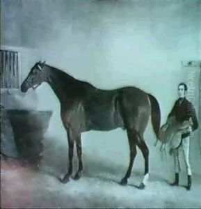 A Bay Racehorse With A Groom In A Stable by John Ferneley Jr.