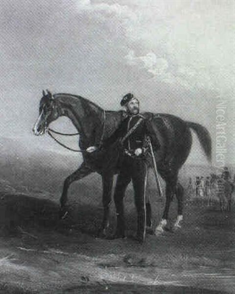 Portrait Of A Cavalry Officer Of The 10th Hussars With His  Bay House, In A Landscape - view 1