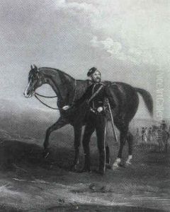 Portrait Of A Cavalry Officer Of The 10th Hussars With His Bay House, In A Landscape by John Ferneley Jr.