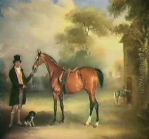 A Bay Hunter With Dick Christian Standing Outside A         Mansion With Melton Mowbray Church In The Distance