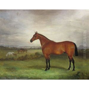 A Bay Hunter In A Landscape With Horses And A Village Beyond