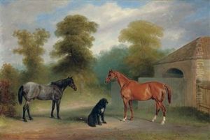 A Chestnut Hunter With A Roan Pony And Dog Before A Stable by Claude Lorraine Ferneley