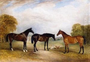 Three Bay Hunters In A Landscape With Two Dogs
