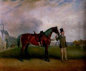 Colonel Swinfen Of The Leicestershire Yeomanry With His Charger, Standing Before Barracks by Claude Lorraine Ferneley